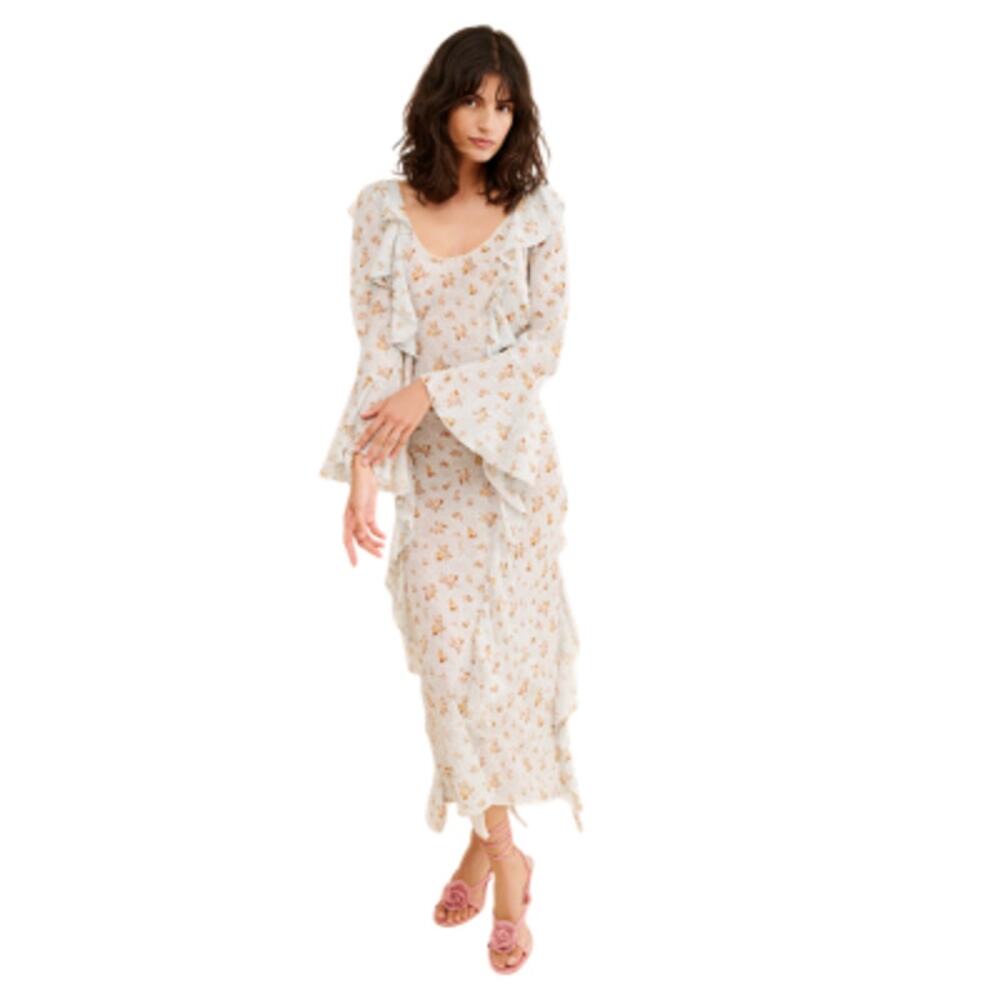 Spell Fleur Frill Bias Maxi Dress Teapot Blue Floral Print Size Medium NEW